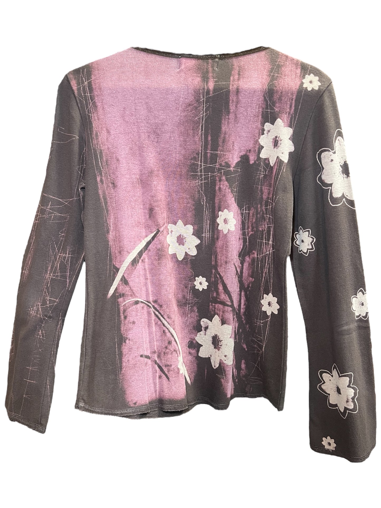 Top années 2000, marron à motifs roses, à retrouver à Canaille Vintage, friperie à Bordeaux.