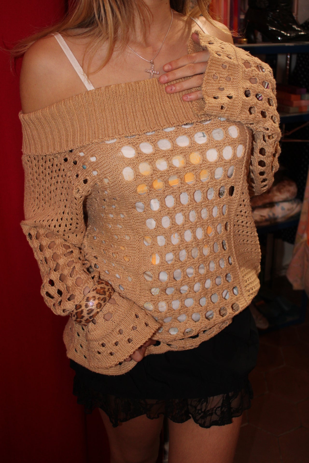 Pull ajouré col bardot